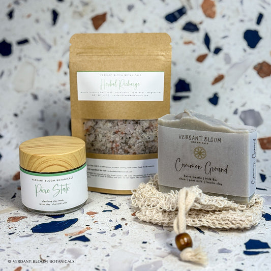 Skin Reset Kit including bath soak, face mask, goat milk soap, and sisal soap bag