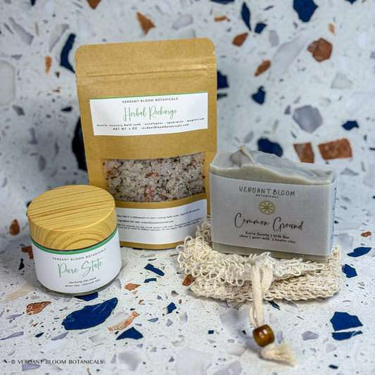 Skin Reset Kit including bath soak, face mask, goat milk soap, and sisal soap bag