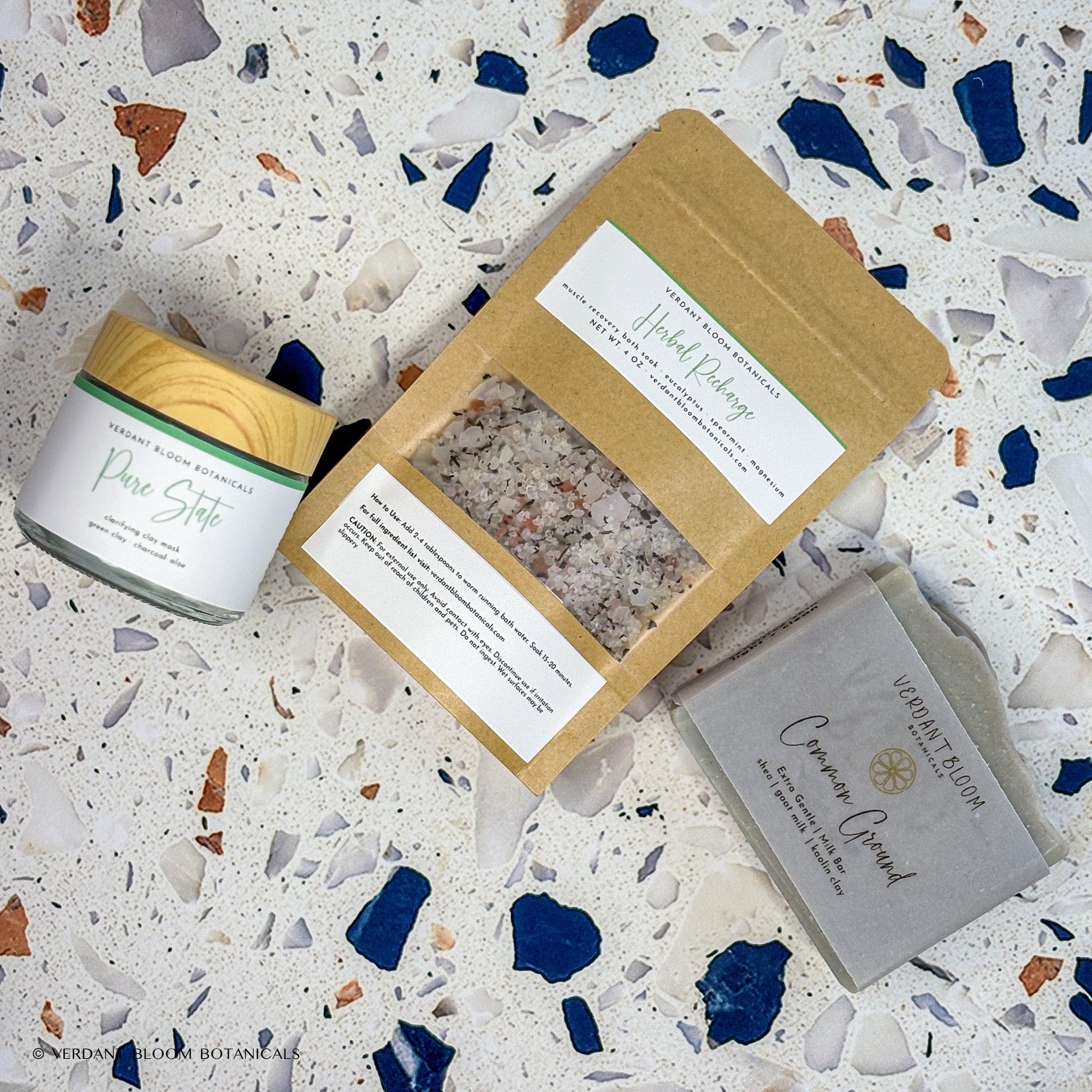 Skin Reset Kit including bath soak, face mask, goat milk soap, and sisal soap bag