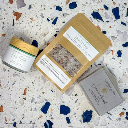 Skin Reset Kit including bath soak, face mask, goat milk soap, and sisal soap bag