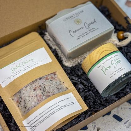 Skin Reset Kit including bath soak, face mask, goat milk soap, and sisal soap bag in gift box