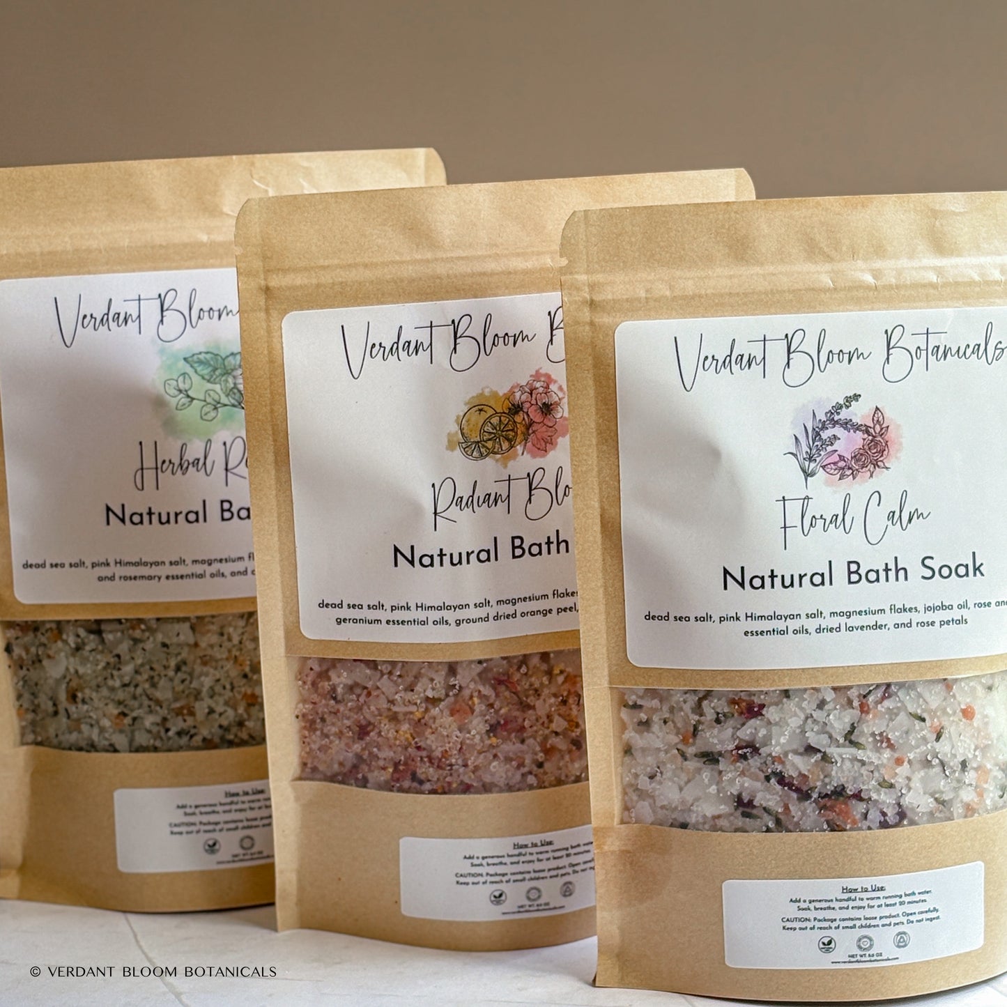 Set of 3 bath soaks: citrus, floral, and herbal blends with salts, magnesium & jojoba. 30 soothing baths in kraft pouches. A complete body ritual.