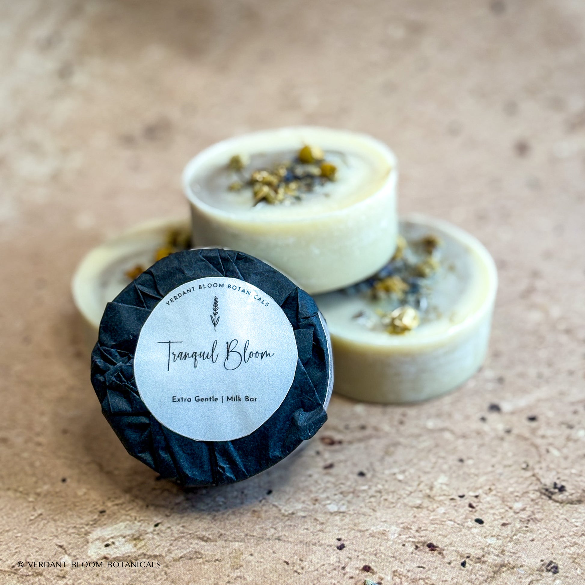 stack of Tranquil Bloom mini soaps with label