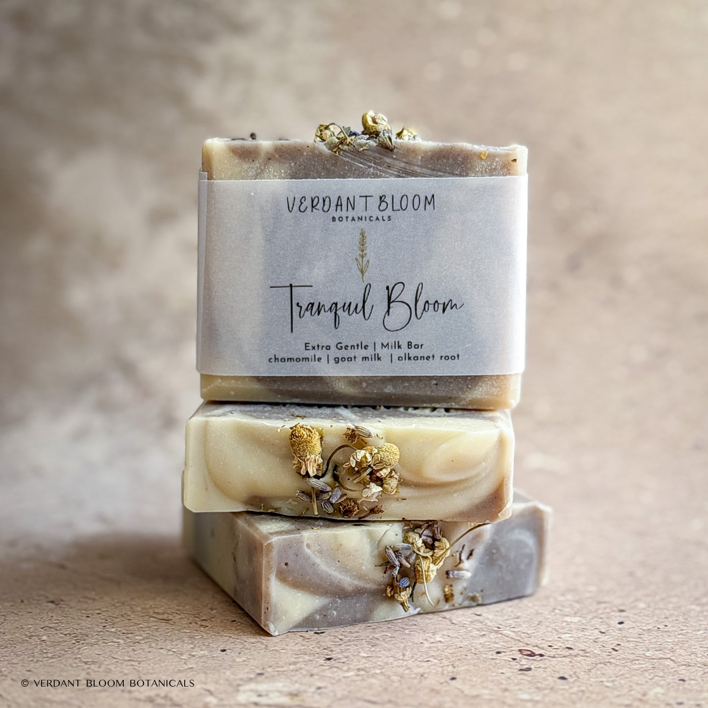 stack of Tranquil Bloom soap bars with label