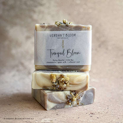 stack of Tranquil Bloom soap bars with label