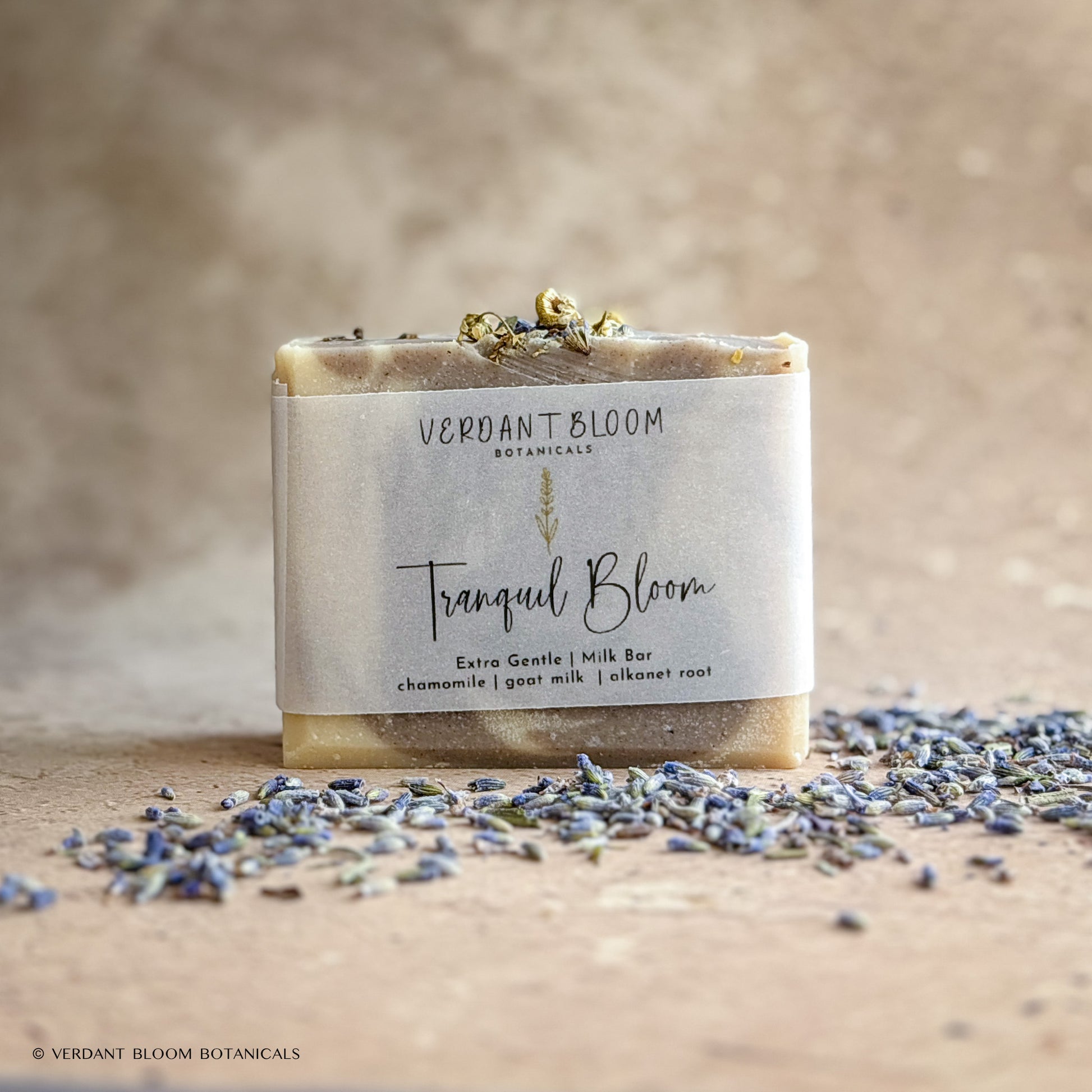 Tranquil Bloom soap bar with dried lavender