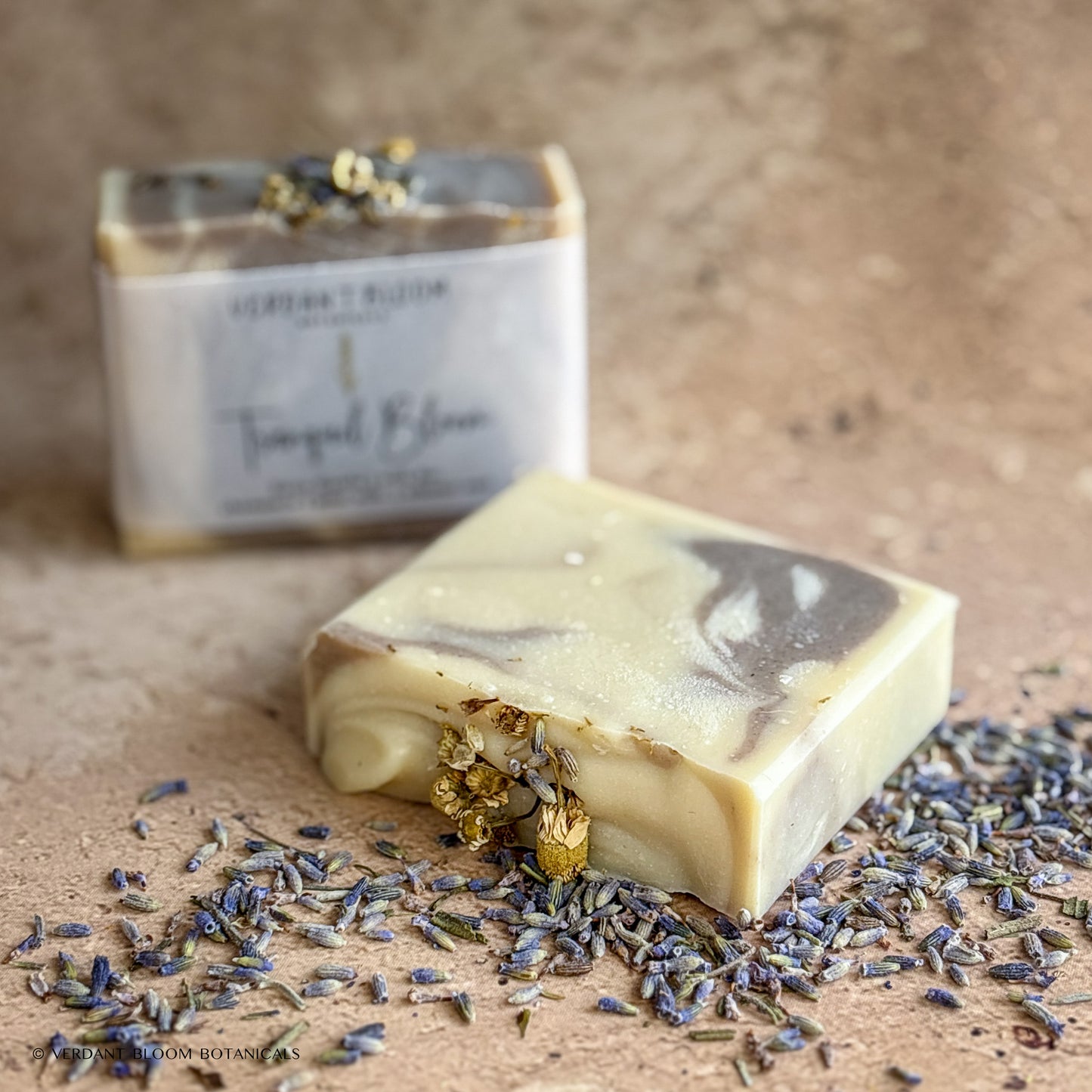 Tranquil Bloom soap bars with label and dried lavender