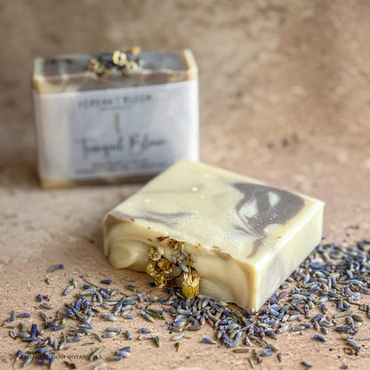Tranquil Bloom soap bars with label and dried lavender