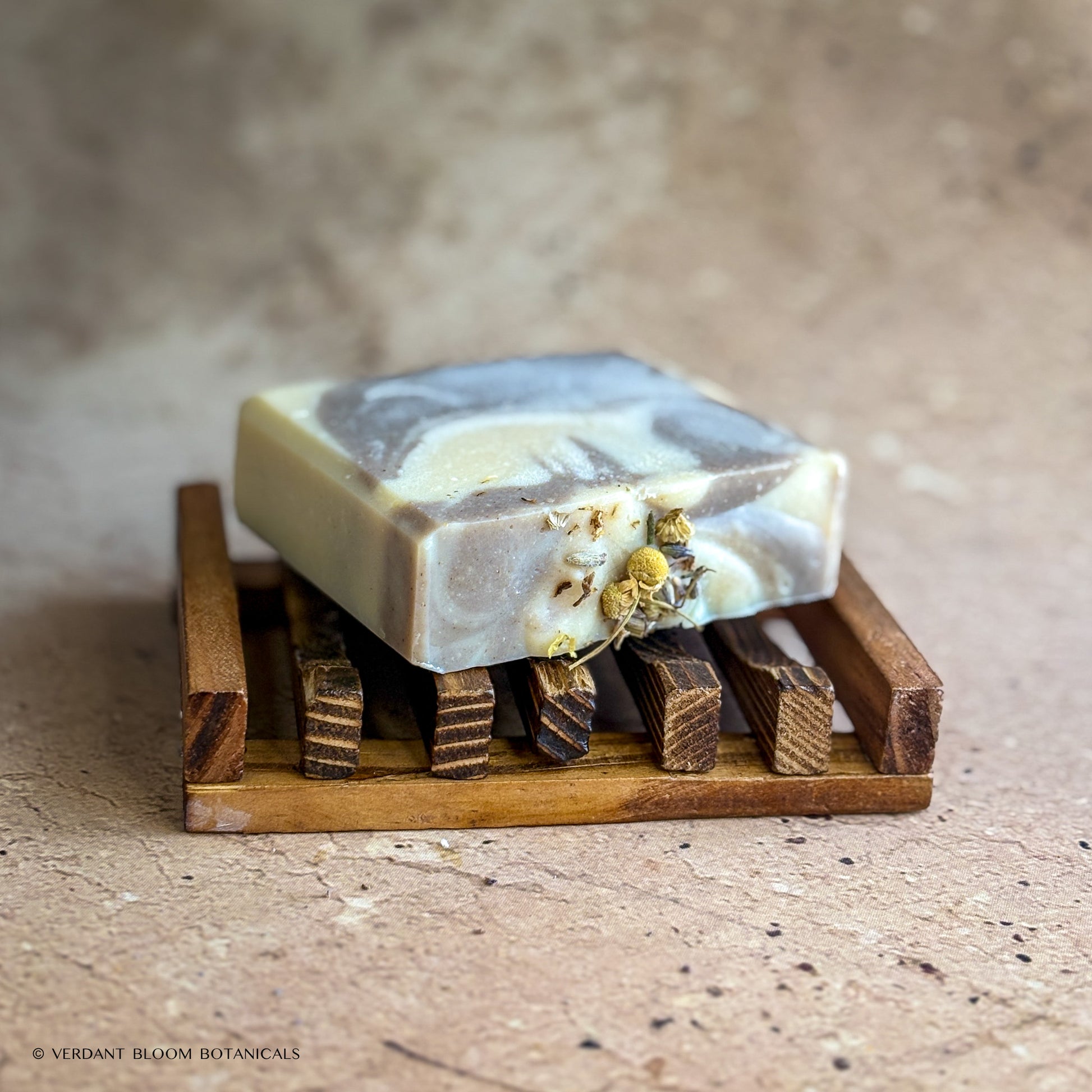Tranquil Bloom soap bar on wooden soap holder