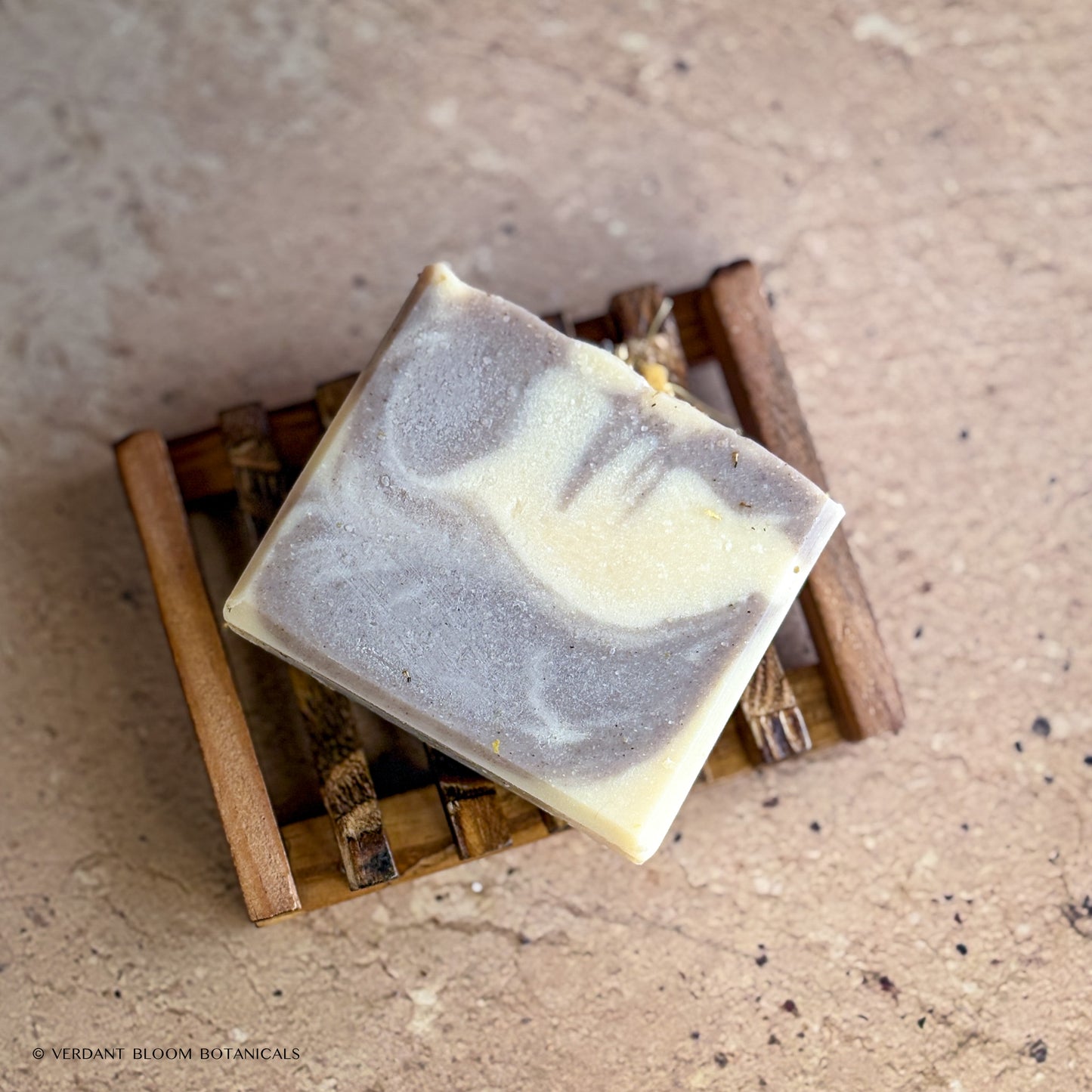 Tranquil Bloom soap bar on wooden soap holder